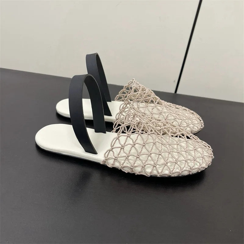 25 year new women's European and American style woven fishing net with Roman hollow out breathable flat bottomed Mueller slipper