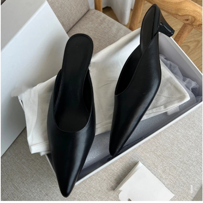 25 year spring/summer new TT French leather pointed high heels, comfortable and versatile, cat heels, Baotou Mueller sandals