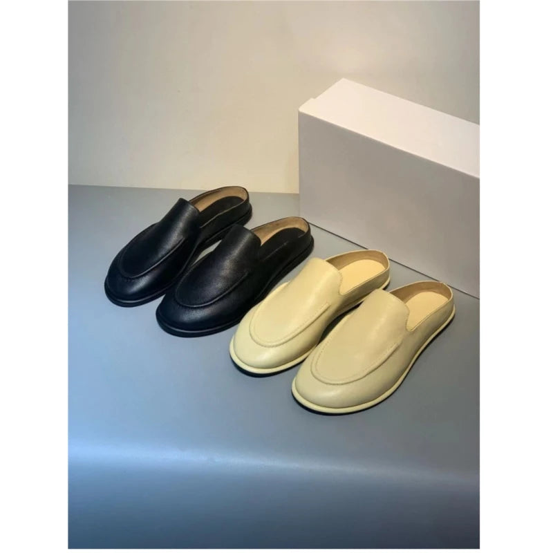 2025 New Spring and Autumn Genuine Leather Women's Half Dragged Flat Bottom Lazy Slippers