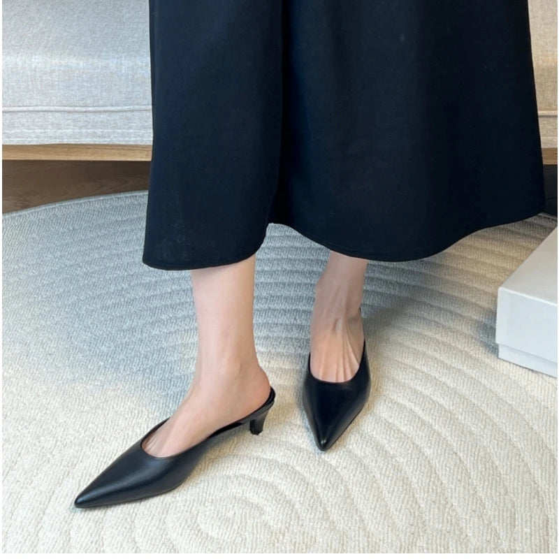25 year spring/summer new TT French leather pointed high heels, comfortable and versatile, cat heels, Baotou Mueller sandals