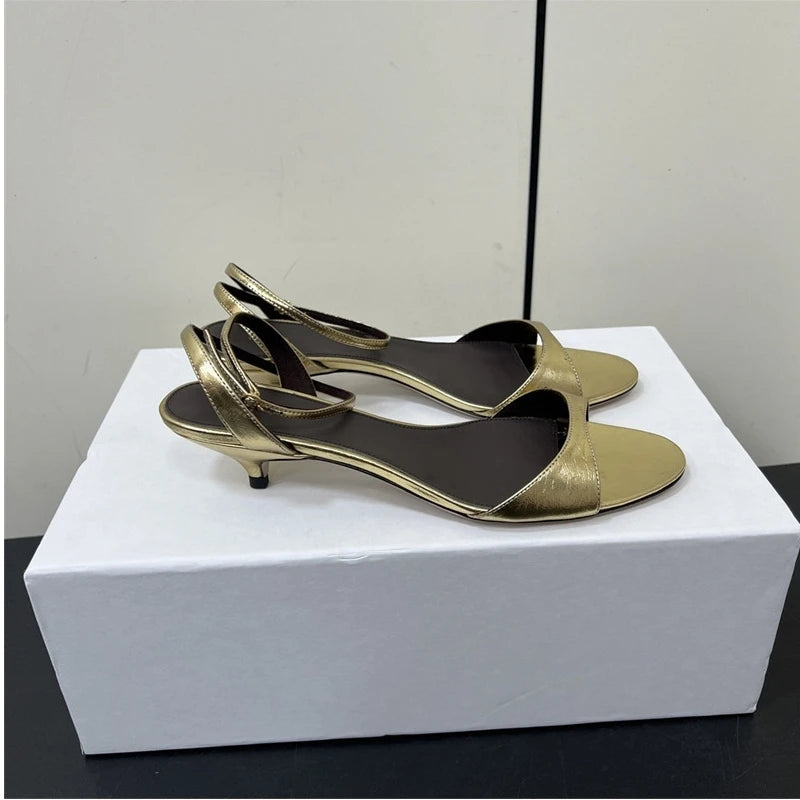 25 Year New French Retro Genuine Leather Simple Thin Heel Strap Cat Heel Open toed Sandals