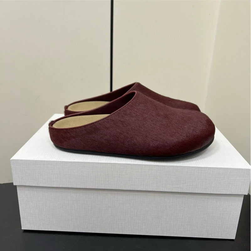 New red horsehair Boken women's genuine leather thick soled one foot kick lazy Baotou Mueller half slippers