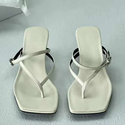 25 Year New French Elegant Sheepskin Stiletto High Heels Square Head One Strap Herringbone Cold Slippers