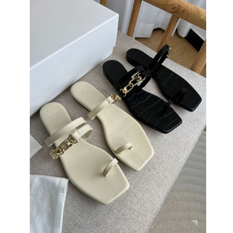 25 year summer genuine leather double gold buckle cover toe comfortable square head flat bottom straight strap M ü ller slippers