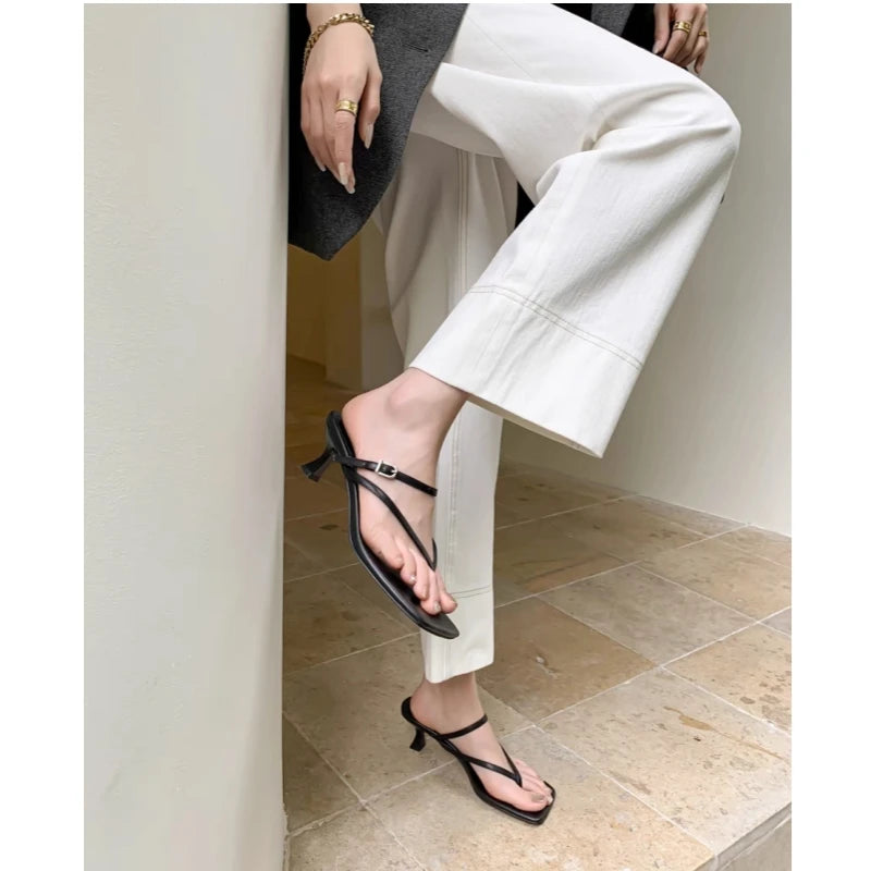 25 Year New French Elegant Sheepskin Stiletto High Heels Square Head One Strap Herringbone Cold Slippers