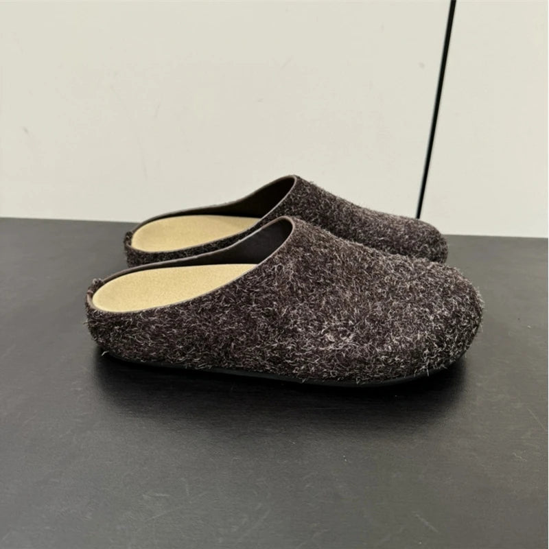New red horsehair Boken women's genuine leather thick soled one foot kick lazy Baotou Mueller half slippers