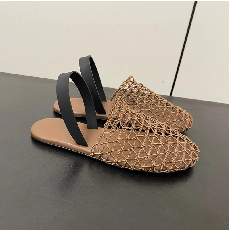 25 year new women's European and American style woven fishing net with Roman hollow out breathable flat bottomed Mueller slipper