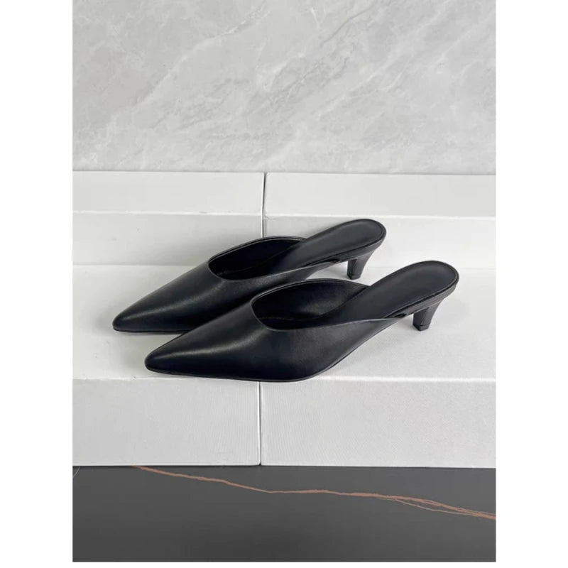 25 year spring/summer new TT French leather pointed high heels, comfortable and versatile, cat heels, Baotou Mueller sandals