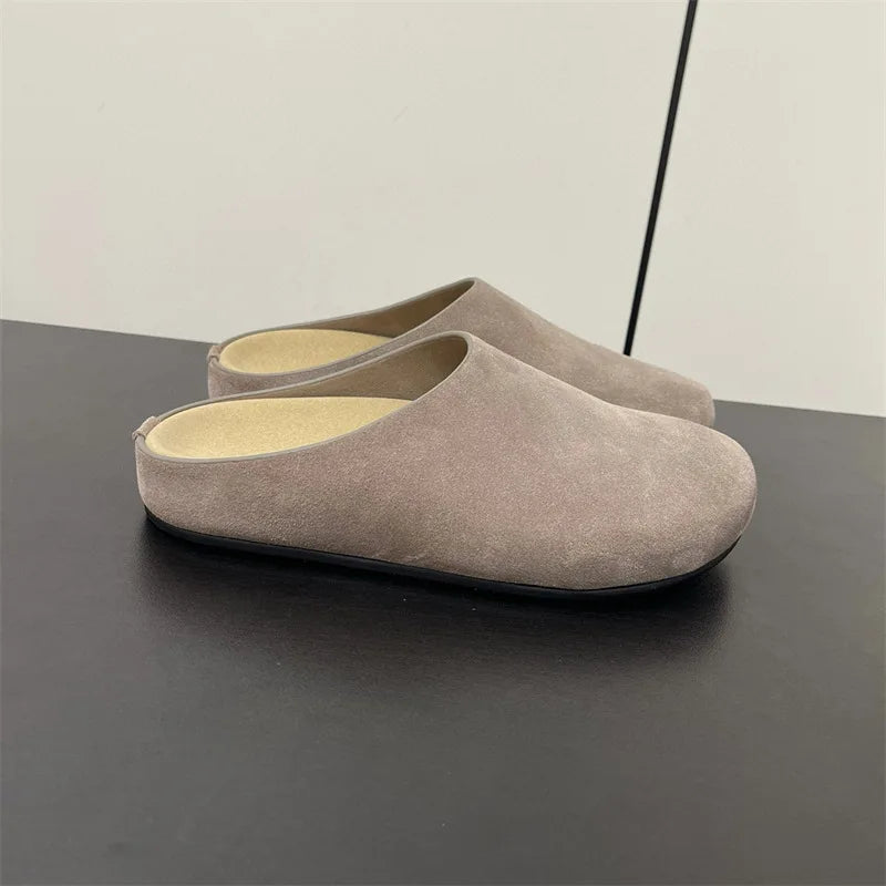 New red horsehair Boken women's genuine leather thick soled one foot kick lazy Baotou Mueller half slippers