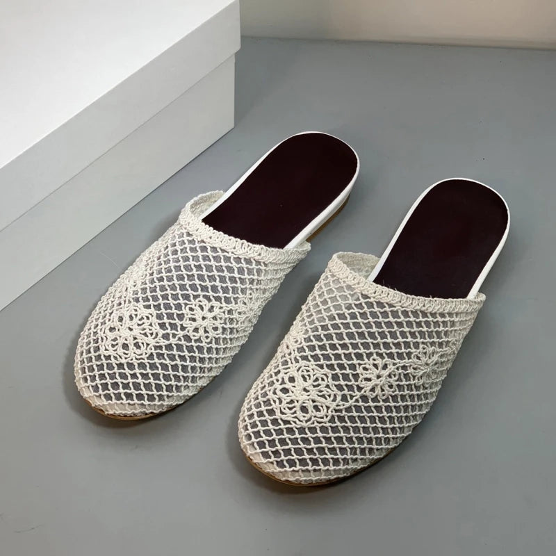 25 year new hollowed out woven toe cap low heel fishing net sheepskin elegant and versatile M ü ller sandals