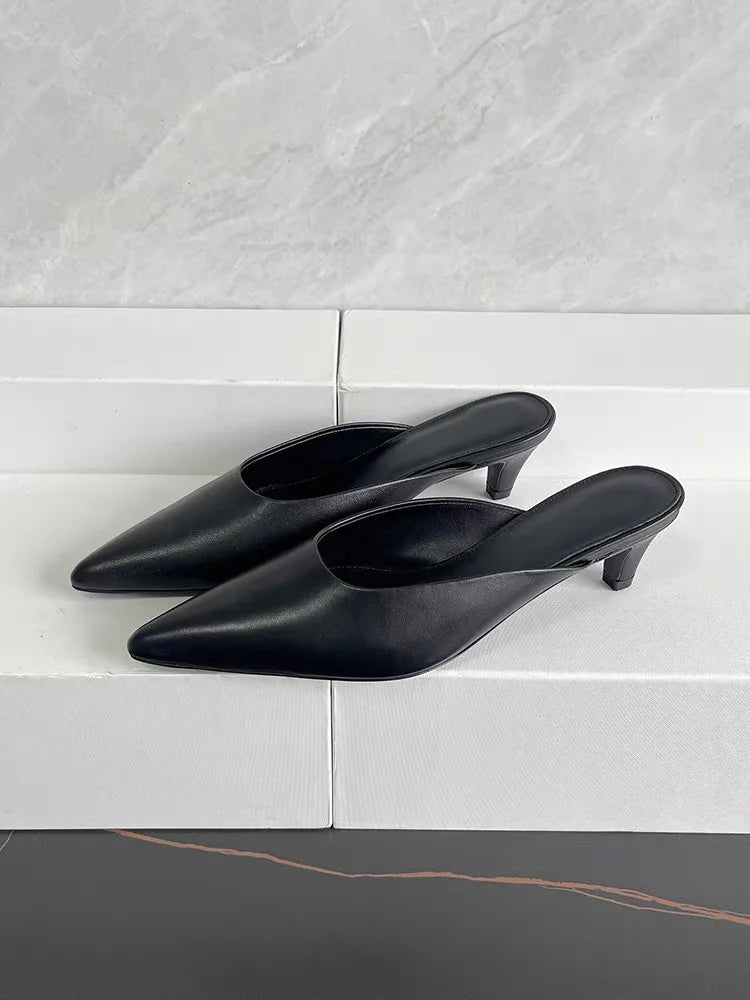 25 year spring/summer new TT French leather pointed high heels, comfortable and versatile, cat heels, Baotou Mueller sandals