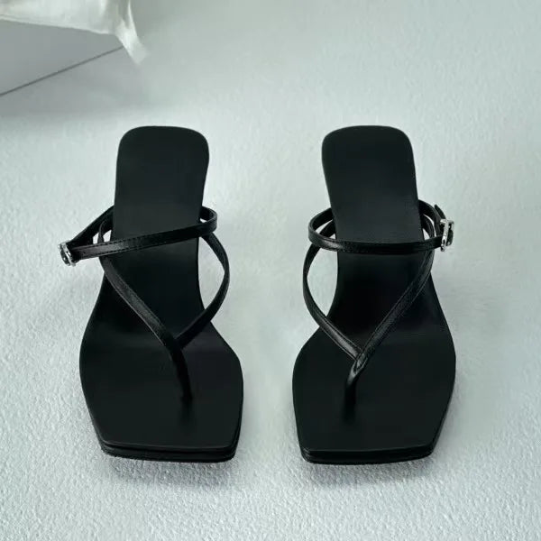 25 Year New French Elegant Sheepskin Stiletto High Heels Square Head One Strap Herringbone Cold Slippers