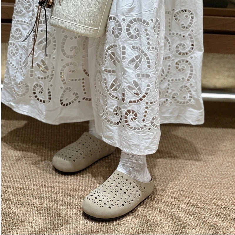 25 year popular niche fashion casual genuine leather breathable versatile hollow out one foot kick toe toe slippers