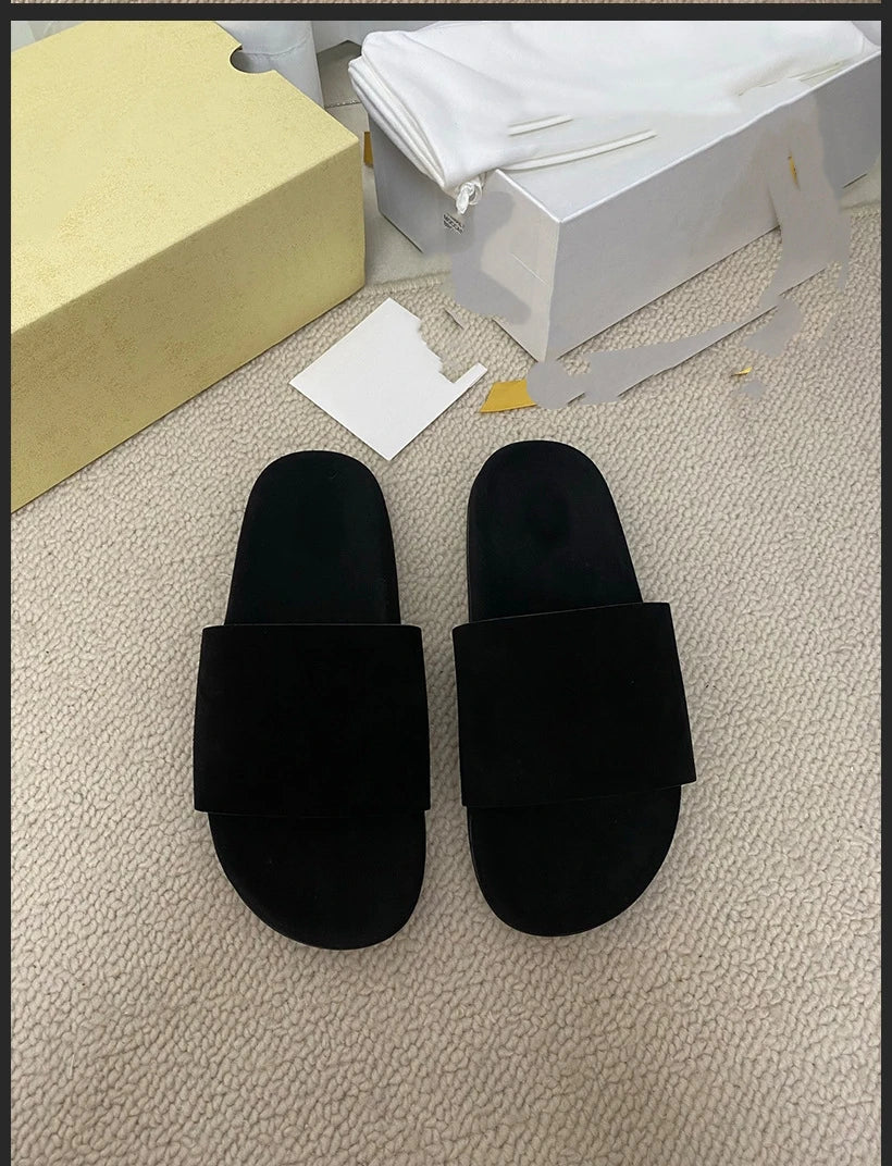 Women's retro genuine leather comfortable lazy flat beach slippers with a straight line for wearing outside