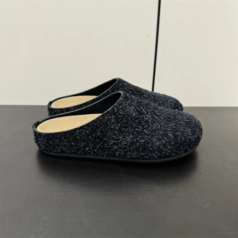 New red horsehair Boken women's genuine leather thick soled one foot kick lazy Baotou Mueller half slippers