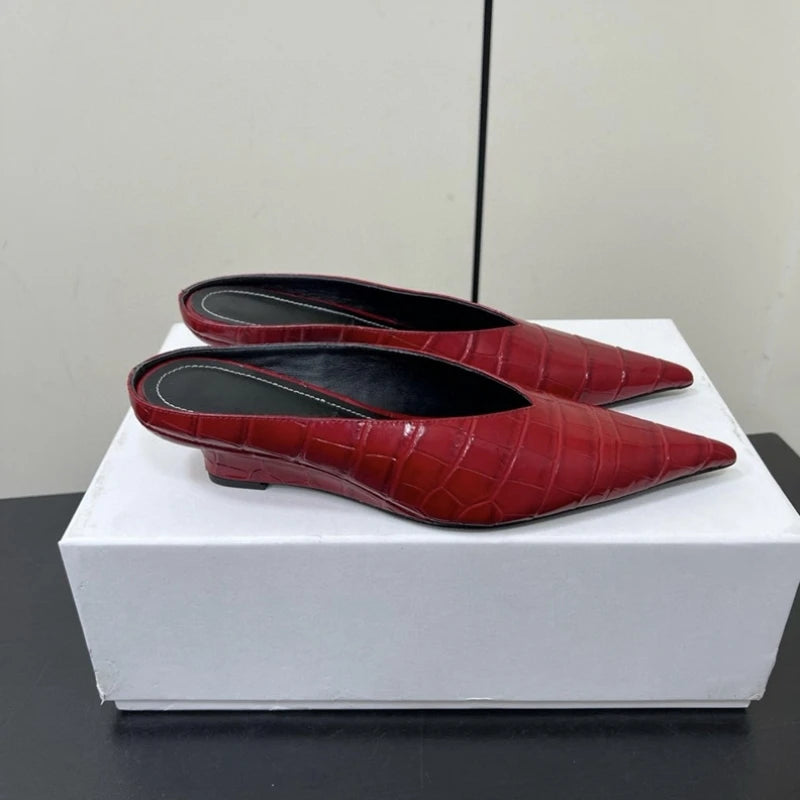 25 Year Early Spring New Fashionable Crocodile Pattern Pointed Slope Heel Muller Women's Genuine Leather Baotou Cold Slippers