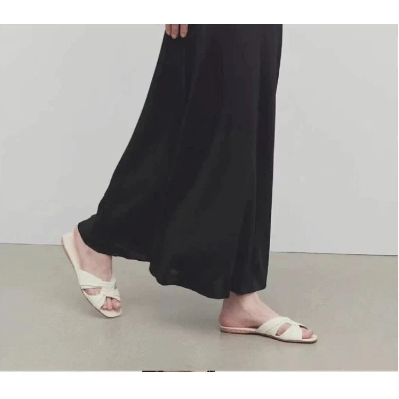25 year summer new niche square toe sheepskin woven leather flat bottom outer wear exposed toe cool slippers