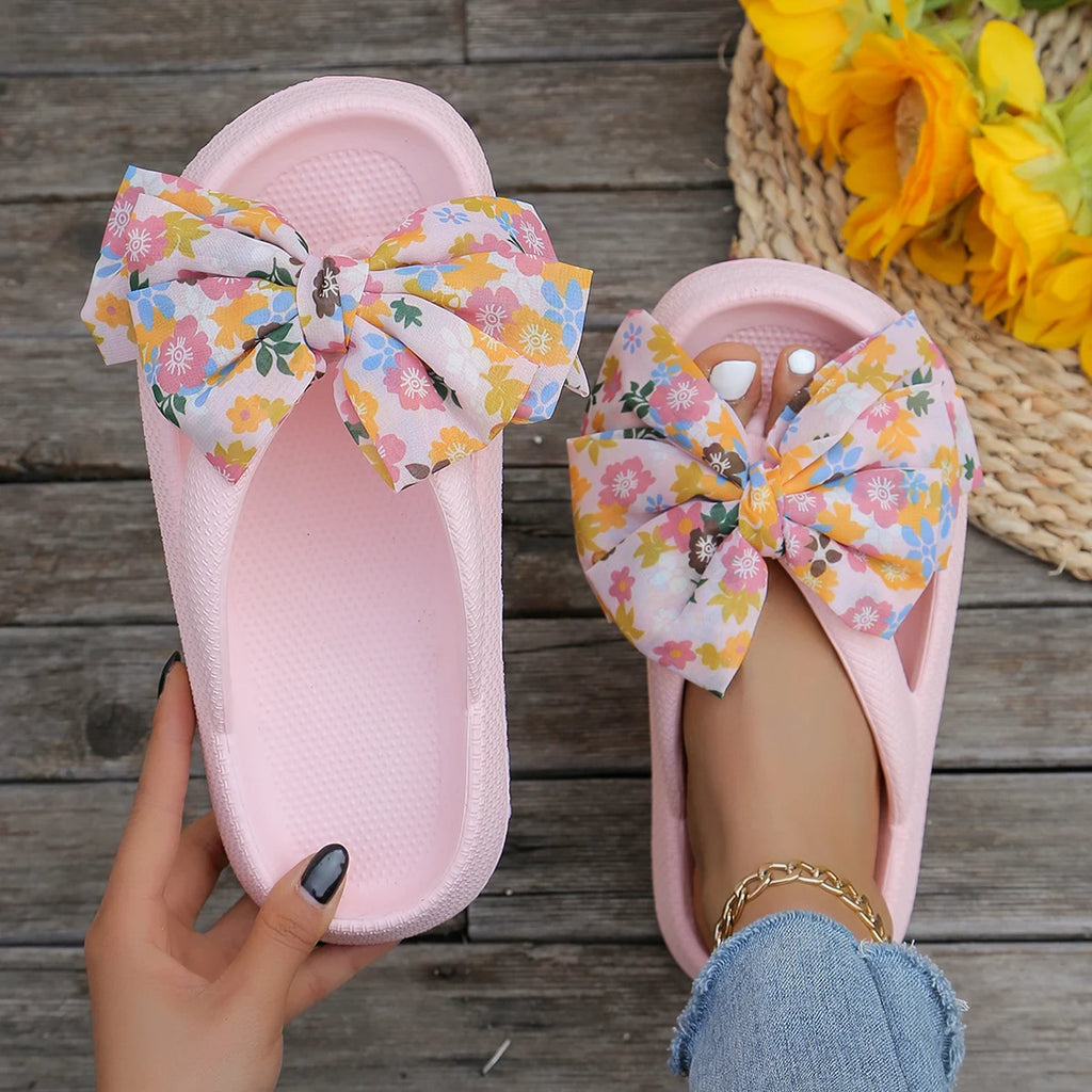 Summer Women Comfort Flip-Flop Leopard Bow Soft Thick-Soled Cloud Slippers Travel Vacation Beach Shoes New Women Sandals