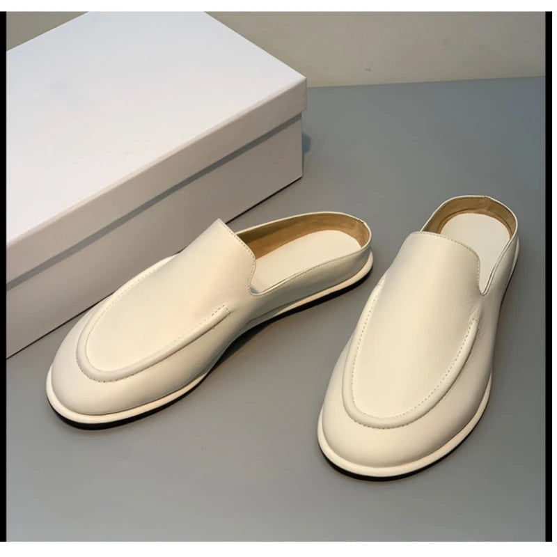 2025 New Spring and Autumn Genuine Leather Women's Half Dragged Flat Bottom Lazy Slippers