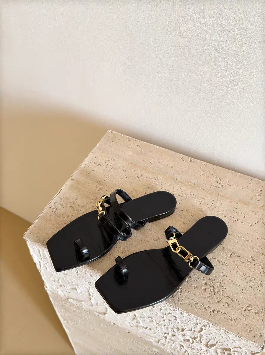 25 year summer genuine leather double gold buckle cover toe comfortable square head flat bottom straight strap M ü ller slippers