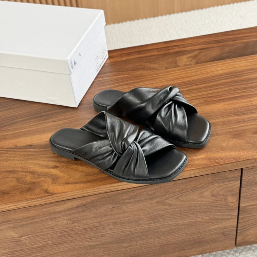 25 year summer genuine leather women's soft sheepskin flat bottomed open toe cross strap comfortable cloud slippers