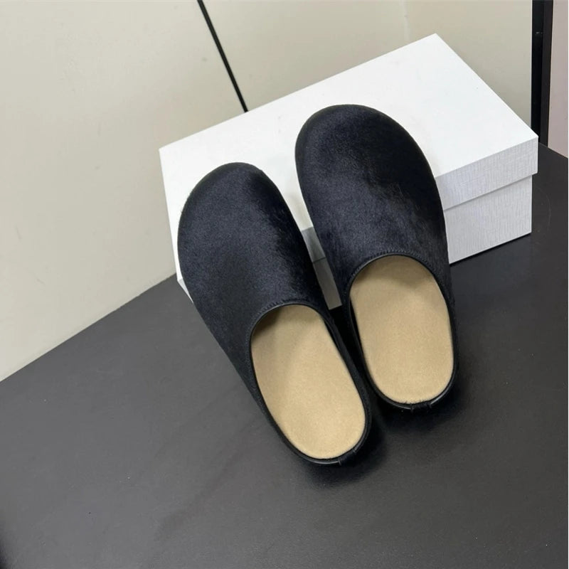 New red horsehair Boken women's genuine leather thick soled one foot kick lazy Baotou Mueller half slippers