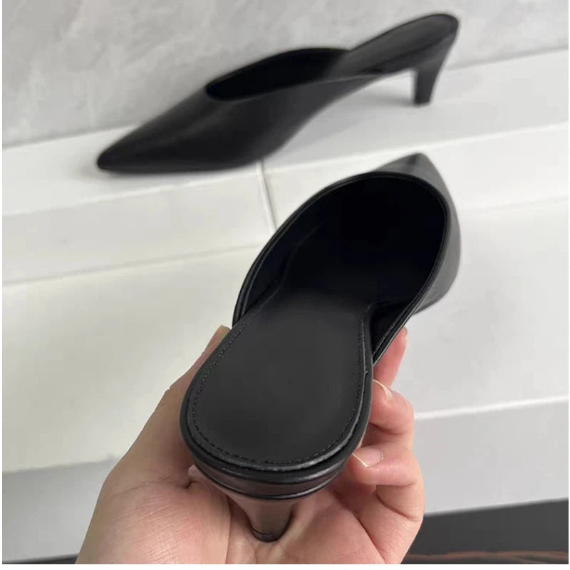 25 year spring/summer new TT French leather pointed high heels, comfortable and versatile, cat heels, Baotou Mueller sandals
