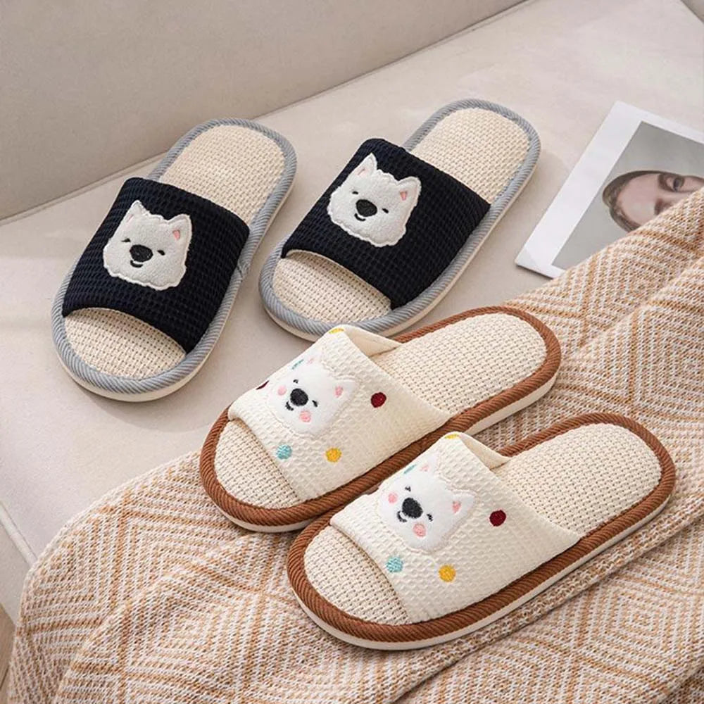 BASATU Cute Cartoon Slippers For Women Summer Linen Woman Slippers Men Falt Flip Flops Indoor Home Non-Slip Cotton Slipper