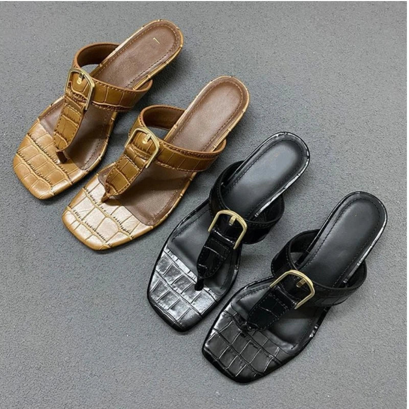 25 year TT genuine leather women's high-end European and American niche cat and copper buckle crocodile pattern flip flops