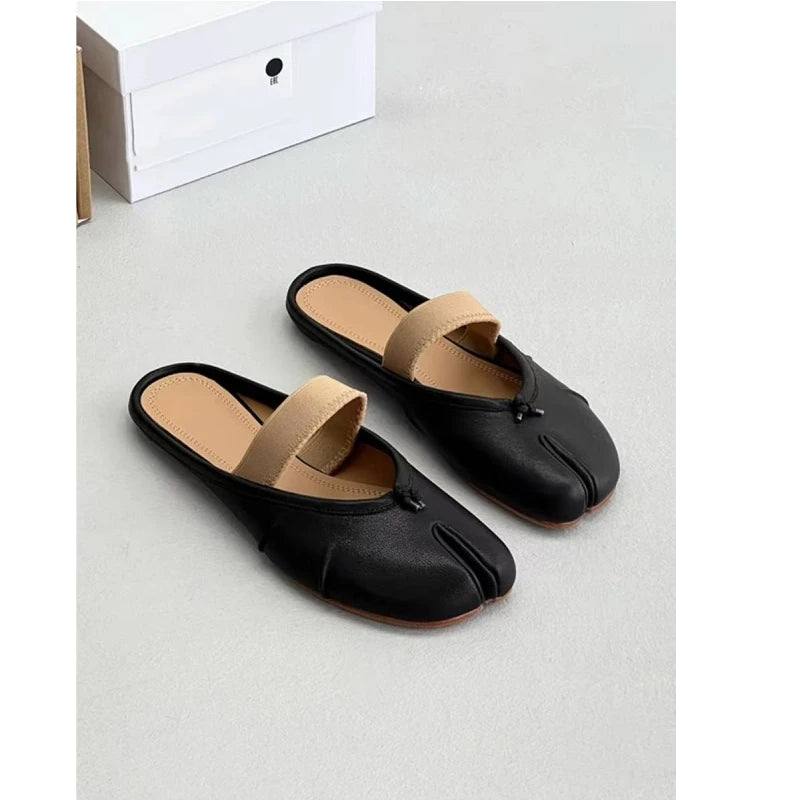 2025 New Wrinkled Elastic Band Leather Shallow Mouth Flat Bottom One Foot Kick Split Toe Pig Hoof Half Slippers