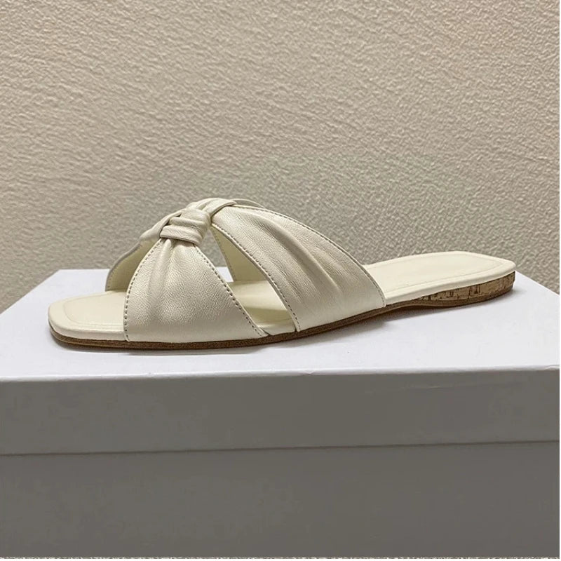 25 year summer new niche square toe sheepskin woven leather flat bottom outer wear exposed toe cool slippers