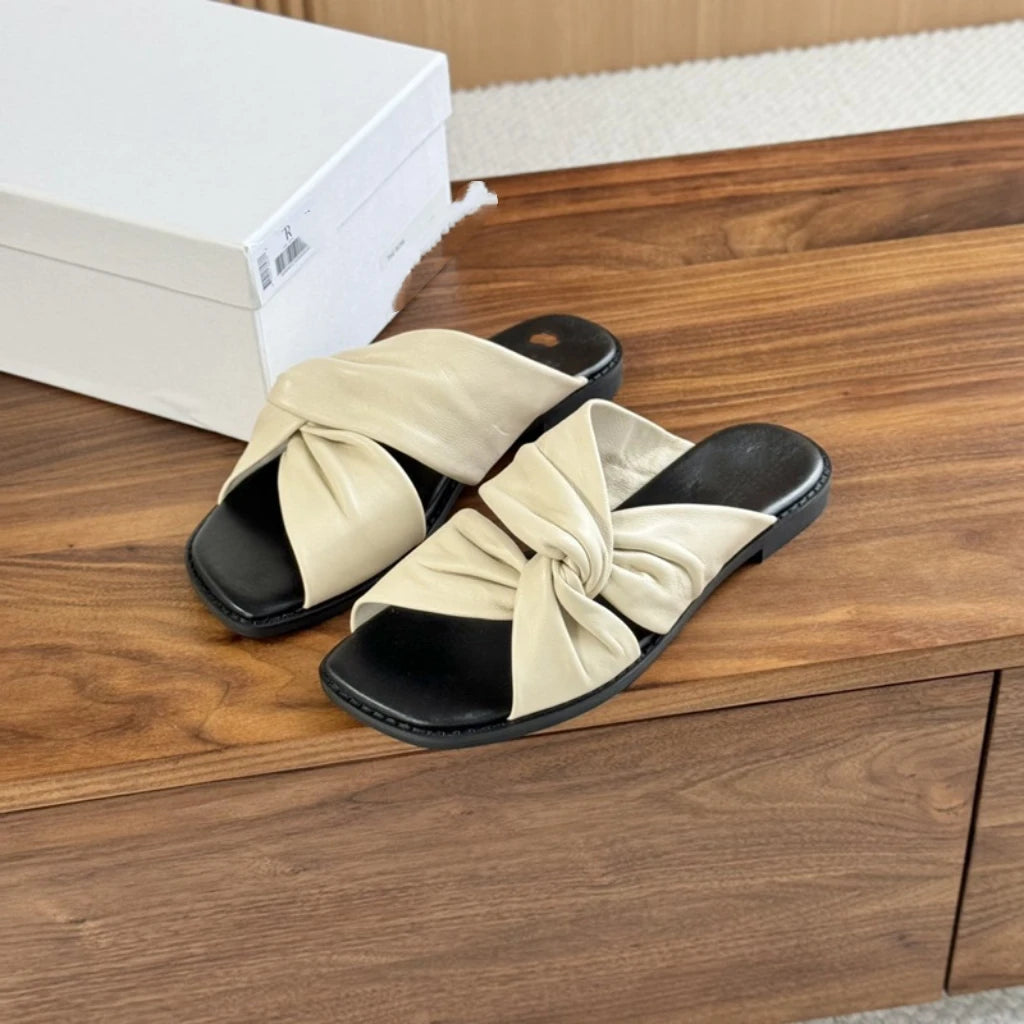 25 year summer genuine leather women's soft sheepskin flat bottomed open toe cross strap comfortable cloud slippers