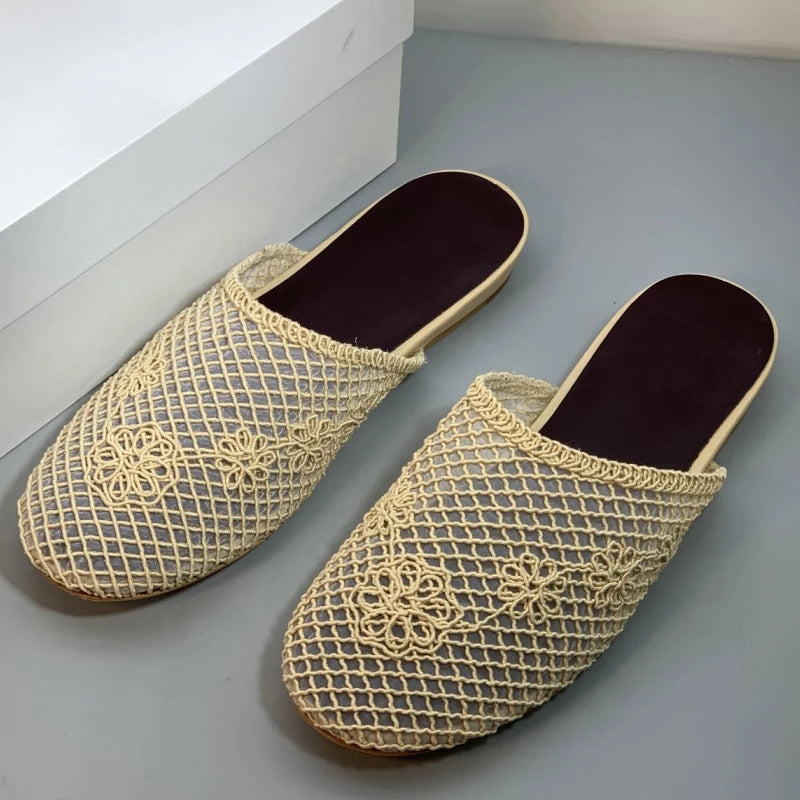25 year new hollowed out woven toe cap low heel fishing net sheepskin elegant and versatile M ü ller sandals
