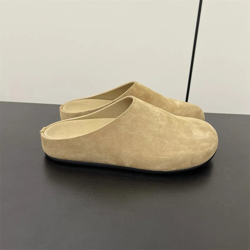 New red horsehair Boken women's genuine leather thick soled one foot kick lazy Baotou Mueller half slippers