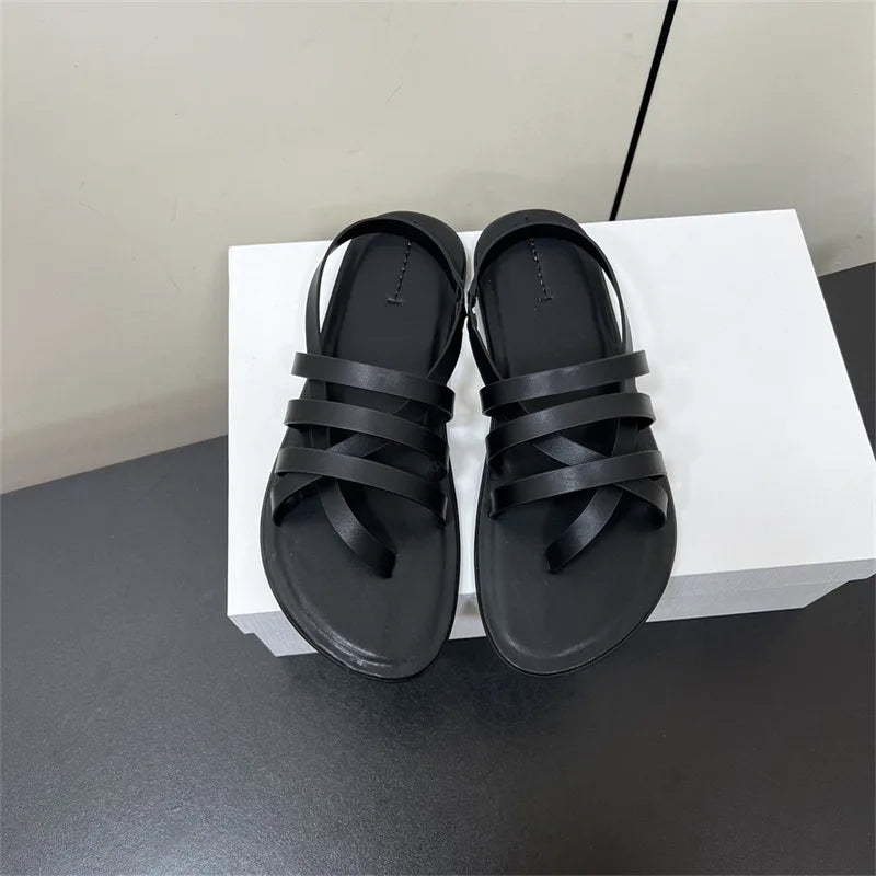25 year new niche French retro leather flat bottomed sandals with simple, comfortable and versatile Roman features