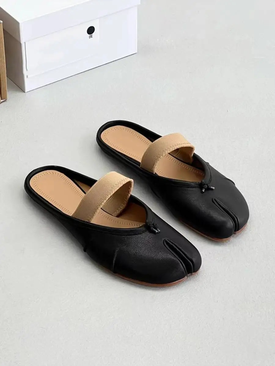 2025 New Wrinkled Elastic Band Leather Shallow Mouth Flat Bottom One Foot Kick Split Toe Pig Hoof Half Slippers
