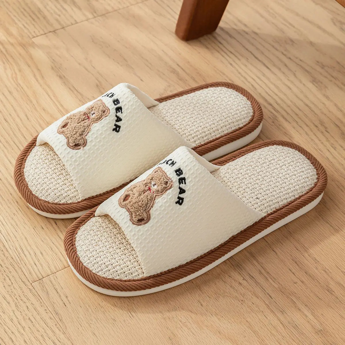 BASATU Cute Cartoon Slippers For Women Summer Linen Woman Slippers Men Falt Flip Flops Indoor Home Non-Slip Cotton Slipper