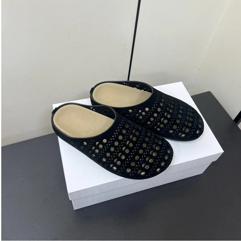 25 year popular niche fashion casual genuine leather breathable versatile hollow out one foot kick toe toe slippers