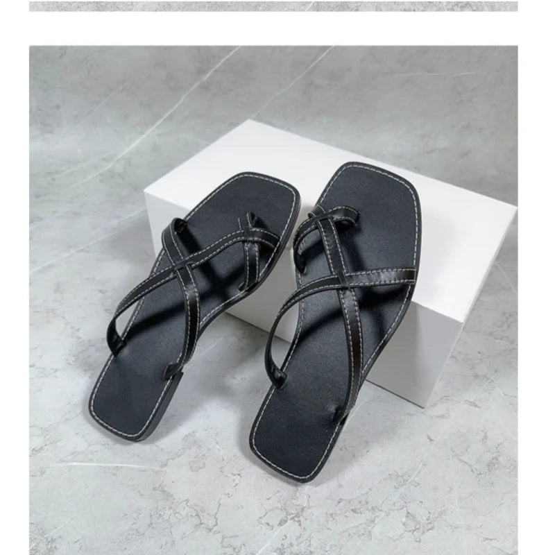 25 year niche women's genuine leather toe flip flops with retro cross straps and simple flat bottom sandals