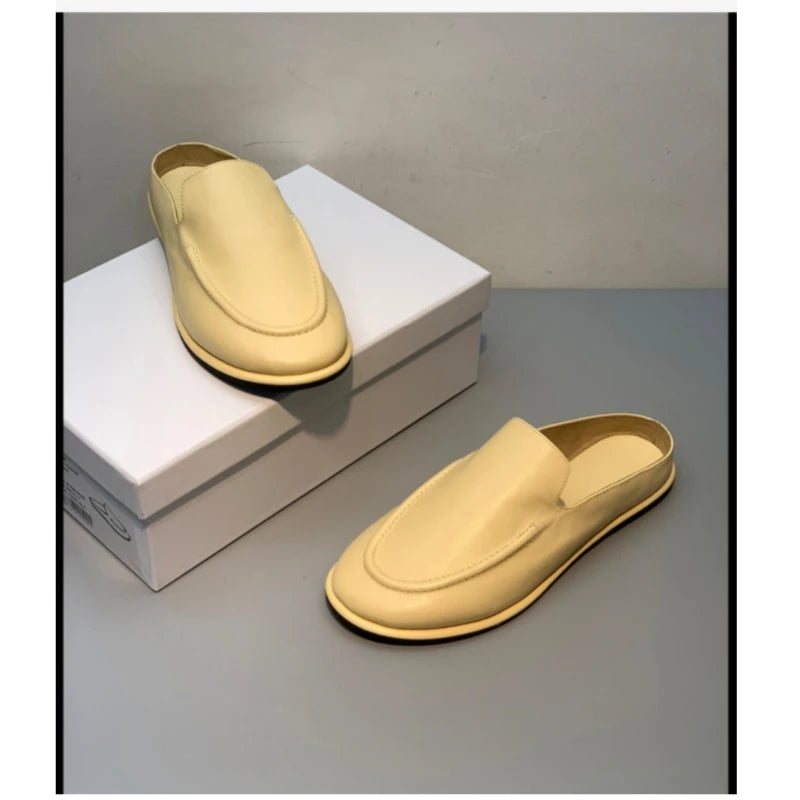 2025 New Spring and Autumn Genuine Leather Women's Half Dragged Flat Bottom Lazy Slippers
