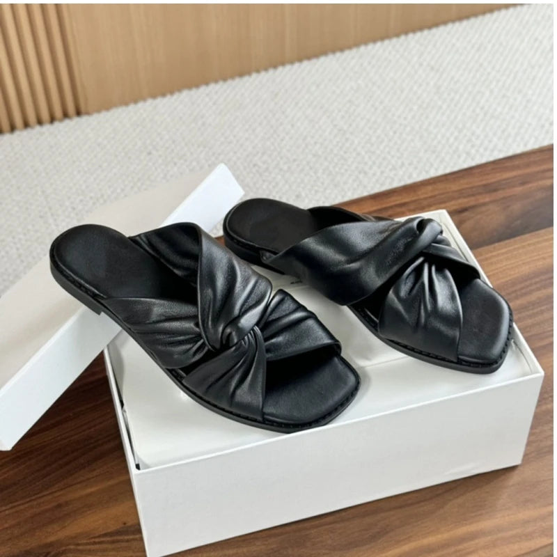 25 year summer genuine leather women's soft sheepskin flat bottomed open toe cross strap comfortable cloud slippers