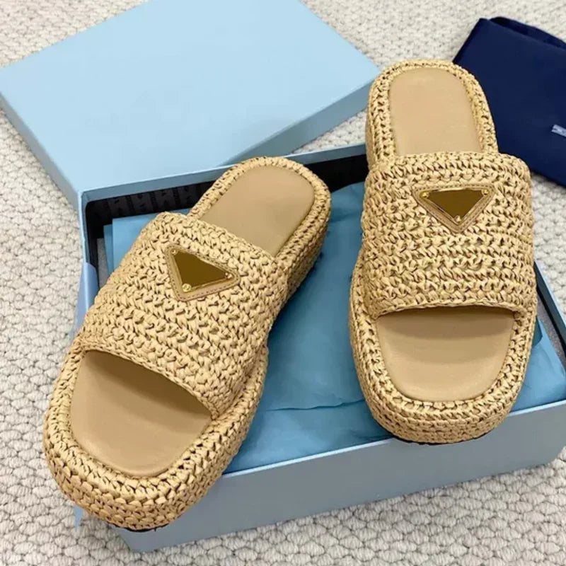 Handmade Knitted Thick Bottom Slippers Women's Casual Fashionable Outerwear Rubber Outsole 2025 Summer Best Seller Slippers34-42