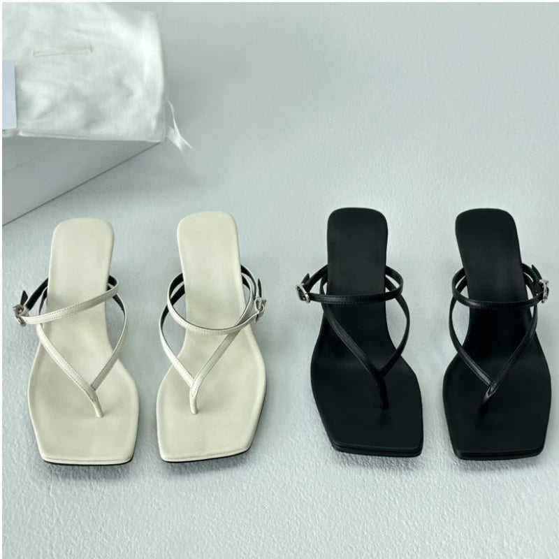 25 Year New French Elegant Sheepskin Stiletto High Heels Square Head One Strap Herringbone Cold Slippers
