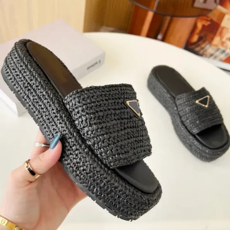 Handmade Knitted Thick Bottom Slippers Women's Casual Fashionable Outerwear Rubber Outsole 2025 Summer Best Seller Slippers34-42