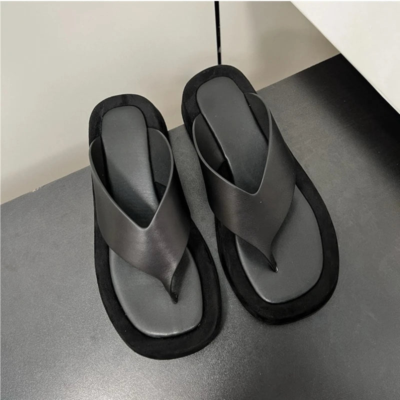 25 year new minimalist sponge bottom herringbone women's leather height increasing clip toe thick soled sandals