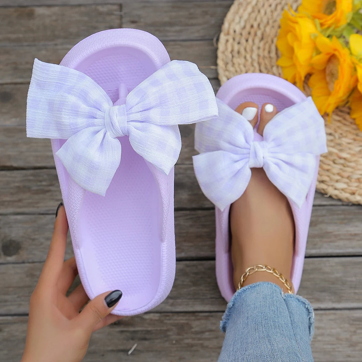 Summer Women Comfort Flip-Flop Leopard Bow Soft Thick-Soled Cloud Slippers Travel Vacation Beach Shoes New Women Sandals