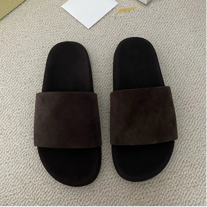Women's retro genuine leather comfortable lazy flat beach slippers with a straight line for wearing outside