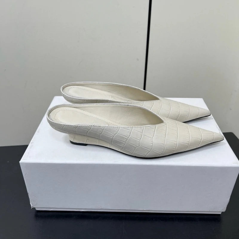 25 Year Early Spring New Fashionable Crocodile Pattern Pointed Slope Heel Muller Women's Genuine Leather Baotou Cold Slippers