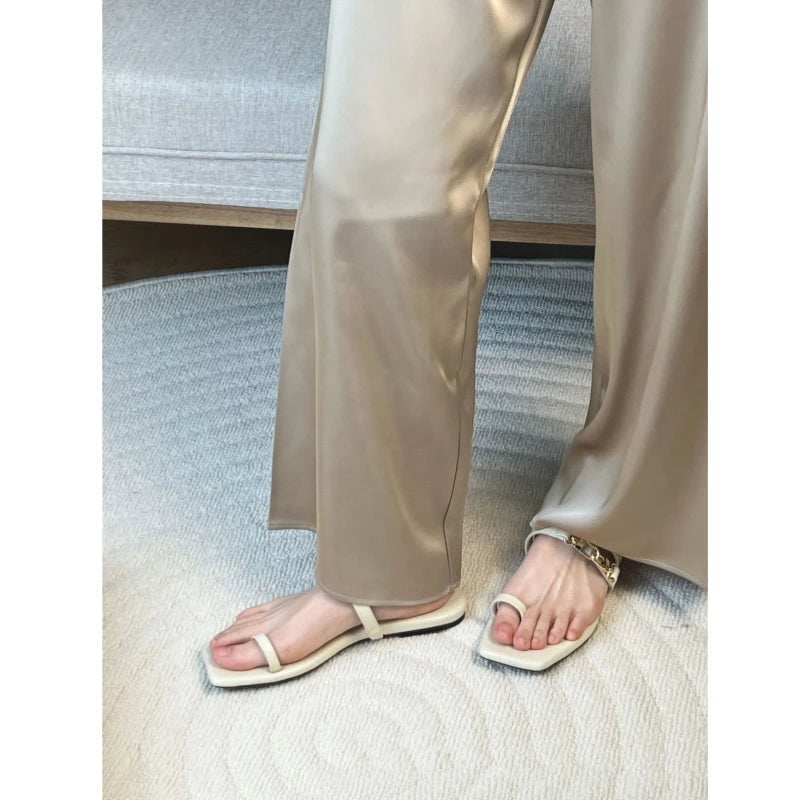 25 year summer genuine leather double gold buckle cover toe comfortable square head flat bottom straight strap M ü ller slippers