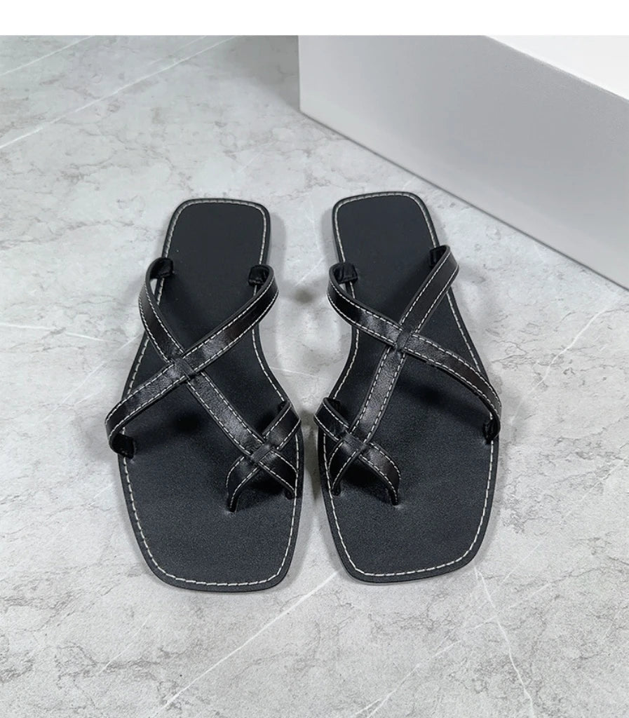 25 year niche women's genuine leather toe flip flops with retro cross straps and simple flat bottom sandals